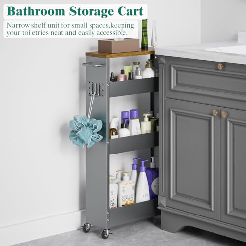 XYZLVSI Slim Storage Cart, 4 Tier Rolling Kitchen Cart on Wheels for Small Space, Narrow Laundry Bathroom Organizers Mobile Shelving Unit Metal Utility Cart with Handle, 5.9in Width, Gray - size: 5.9IN-Gray
