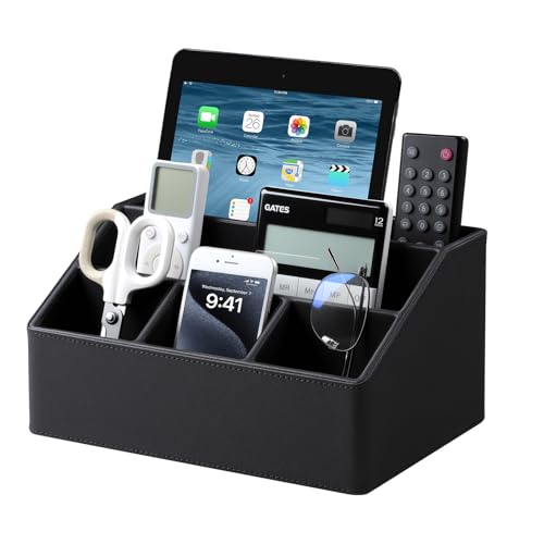 Remote Control Holder with 5 Compartments for Office Art Supplies, PU Leather Nightstand Organizer Pencil Pen Desk Caddy for Home, Desktop TV Remote Control Organizer Storage (Black) - color: Black