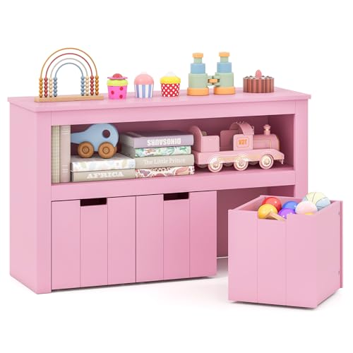 GLACER Toy Storage Organizer, Wooden Montessori Shelf with 3 Movable Drawers, Hidden Wheels, Toy Box for Boys and Girls, Kids Storage Organizer for Playroom, Nursery, Kindergarten, Living Room (Pink) - color: Pink
