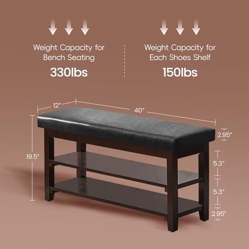 40" Shoe Bench with Leather Cushion, 2-Tier Shoe Rack Entryway Bench, Wood Bench for Front Door Entrance, Mudroom, Hallway, Wooden Shoe Shelves, Shoe Organizer, Shoe Storage, Black - color: Black