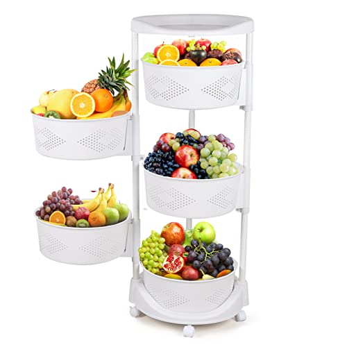 Rotating Storage Rack, Multi Layer Round Kitchen Fruit Vegetable Storage Basket 23.62'' Tall Household Floor Standing Organizer with Wheels for Living Room Bathroom Pantry (5 Tier)