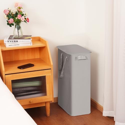 efluky Slim Laundry Basket with Lid, Narrow Laundry Hamper with Handles, Collapsible Dirty Clothes Hamper, Tall Laundry Bin for Laundry Room, Dorm and Bedroom, 55L Grey - color: Grey, size: 55L with Lid