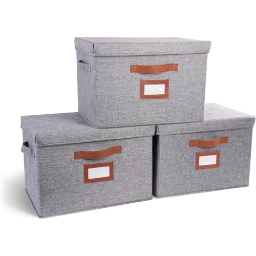 3 Pack Large Fabric Storage Boxes with Lids (15.75" x 11.25" x 11.25") - Decorative Bin with Lid, Label Holder, Faux Leather Handles - Large Storage Boxes for Organizing Clothes, Blankets - Grey - color: Steel Grey