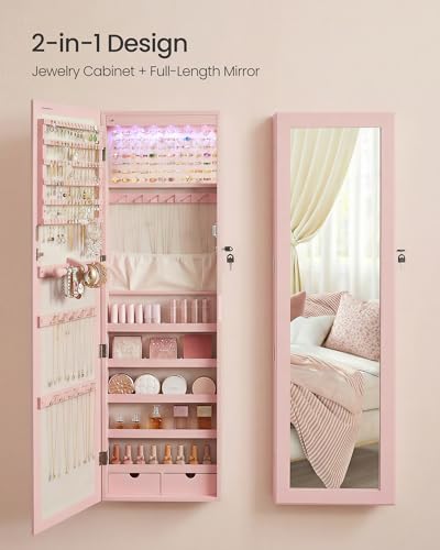 SONGMICS 6 LEDs Mirror Jewelry Cabinet, 47.2-Inch Tall Lockable Wall or Door Mounted Jewelry Armoire Organizer with Mirror, 2 Drawers, 3.9 x 14.6 x 47.2 Inches, Jelly Pink UJJC093SA02S - color: Jelly Pink