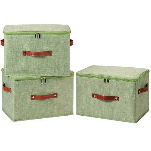 3PCS Storage Bins Boxes with Zippered Lids Cotton Linen Fabric Decorative Basket PU Leather Handles PP Plastic Board Foldable Lidded Shelf Closet Organizer Container (Light Green, Large) - color: Light Green, size: Large ( Pack of 3 )