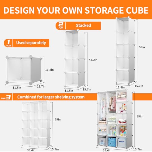 Modular Baby Wardrobe Closet, Portable Children Organizers and Storage for Nursery,15 Cubes with Hanging Rods,Multi-Functional Kids Storage Shelf-Bedroom Clothes Armoire (Boys & Girls)