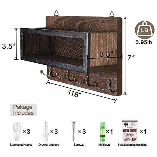ADIIL Mail and Key Holder for Wall Decorative, Wooden Wall Mount Key Rack Hanger Organizer with 4 Double Key Hooks, Rustic Home Decor for Entryway Hallway, Brown - color: Brown
