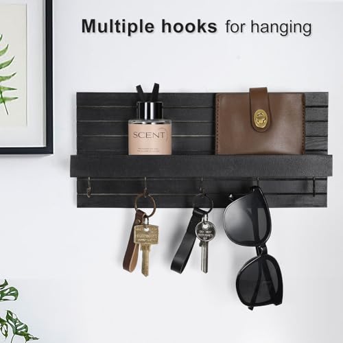 Lwenki Decorative Key Holder for Wall with Shelf, Entryway Shelf with Hooks Holds Leashes, Jackets and Glasses – Sturdy Wood Keyholder Entrance Hanger with Mounting Hardware (Black, Medium) - color: Black, size: Medium