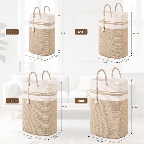 Woven Laundry Basket for Clothes, 100 L Large Rectangle Laundry Hampers, Nursery Storage Basket for Toys, Tall Dirty Clothes Hamper for Bedroom Aesthetic, Bathroom, Laundry Room - color: Brown&White, size: 100L