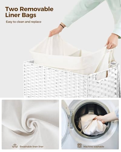 Greenstell Laundry Hamper with Wheels, No Install Needed, 90L Divided Handwoven Hampers & 2 Removable Liner Bags, Rattan Clothes Laundry Basket with Lid & Handles, Foldable Hampers White - color: White, size: 90L: 18.3x13.5x26.4 Inches