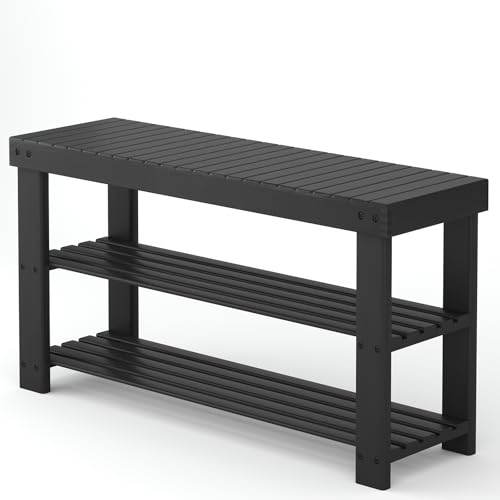 Sweetcrispy Shoe Rack Bench, 3-Tier Bamboo Entryway Storage Organizer, 286lb Capacity, Shoes Stand for FrontDoor Entrance, Bedroom, Living Room, Bathroom, Balcony, 35 Inches Length, Black - color: Black, size: 35 inches WIdth