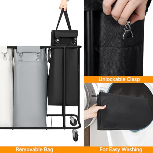 WOWLIVE Laundry Hamper with Wheels 260L Rolling Laundry Basket 3 Section Organizer Laundry Cart with Steel Frame and Removable Bags Large Dirty Clothes Hamper Dorm Room Storage for Bedroom - color: Black + Beige + Grey, size: 260L (35.4×16.1×31.5in)