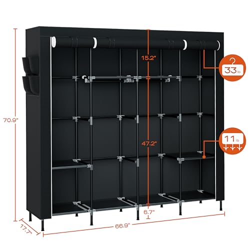 CASAMAYA Portable Closet, 66.9 Inch Large Capacity Wardrobe Closet with Cover, Clothes Storage Organizer with Shelves and 4 Hanging Rods, Easy to Assembly, Black PCT204B01 - size: 66.9"L x 17.7"W x 70.9"H