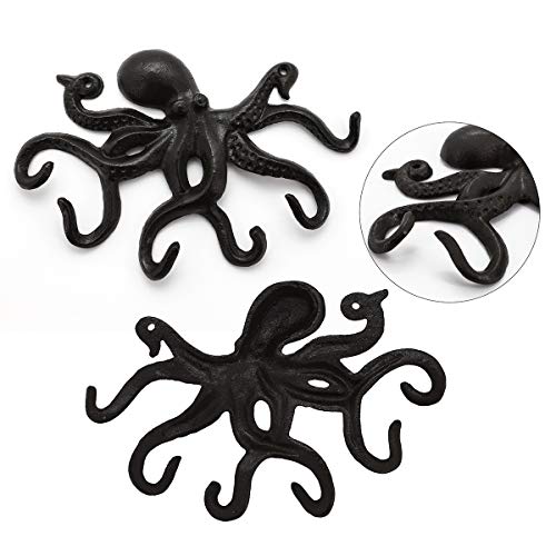 Coat Hooks Wall Mounted Key Holder, Retro Octopus Towel Hooks for Bathrooms, Heavy Duty Wall Hooks Decorative- 2Pcs - color: Black 2Pack