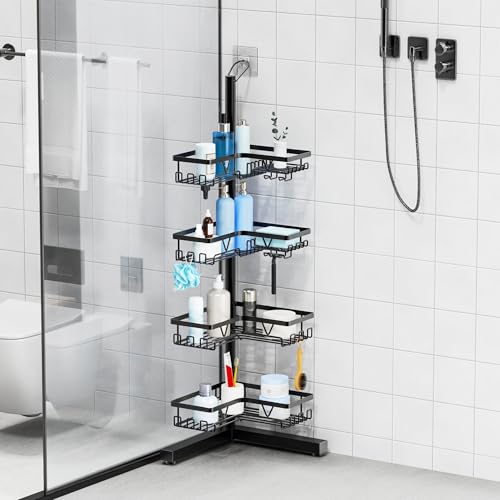 KEGII Floor Shower Caddy Standing – 4-Tier Corner Shower Organizer with Hooks & Soap Holder, Free-Standing Bathroom Storage Rack for Shampoo & Toiletries, Black - style: Floor Caddy - Black