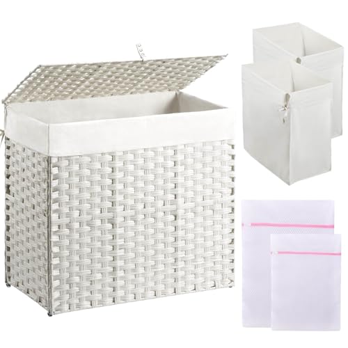 Greenstell Laundry Hamper with Lid, 125L Laundry Basket with 2 Removable Liner Bags & 2 Mesh Bags, Handwoven Synthetic Rattan Clothes Hamper for Clothes, Toys in Bathroom, Bedroom, Foldable, White - color: White, size: 125L (25.6 x 13.0 x 23.6 inches)