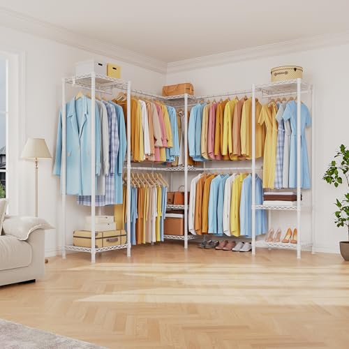 M2 Heavy Duty Clothes Rack, Expandable Large Clothing Rack from 8'4"-11'2", Closet Organizer System for Reach-in Closet, White Wardrobe Closet with Extended Hanging Rods, Max Load 1000LBS - color: White