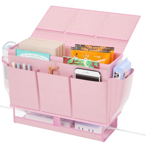 Bedside Caddy Bedside Organizer,Bed Caddy with 11 Pockets and Power Strip Holder,Versatile Bedside Storage Caddy for Home,Dorm,Bunk,Hospital,Crib Bed (Pink) - color: Pink