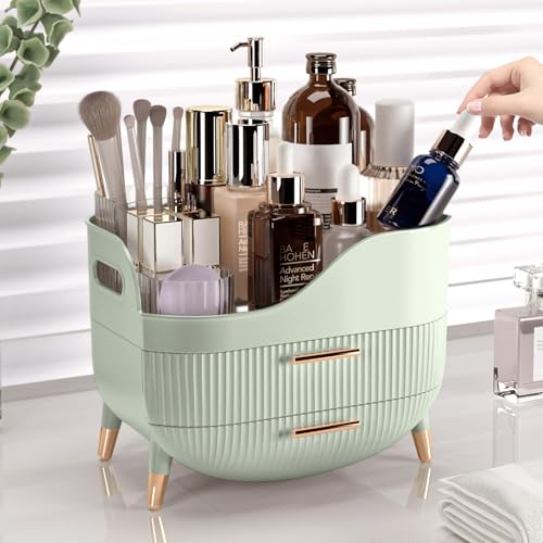 Pajiriona Makeup Organizer with Drawers, Green Skincare Organizer for Vanity, Storage Box with Handle, Large Cosmetic Display Case for Dresser, Bathroom Countertop - color: Sage Green