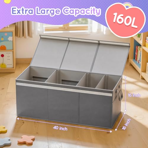 Lewondr 160L Extra Large Toy Storage Organizer with Lid, 40"x16"x16"Collapsible Sturdy Toy box, Toy Chest for Boys Girls, Toybox Storage Bins with 3 Removable Dividers for Living Room, Nursery, Grey