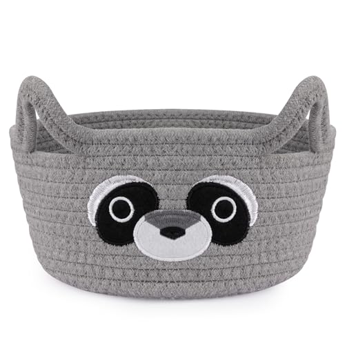 Small Storage Basket for Nursery, Raccoon Storage Basket, Round Woven Rope Cotton Storage, Baby Blanket 0rganizer with Ears Handles, Animal Blanket Towel Decor Storage Bins, 8.2"D x 4.7"H in - color: Grey, size: 9"D × 5 "H