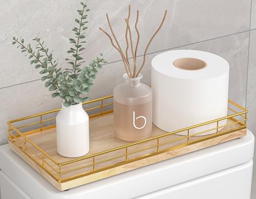 Toilet Paper Basket Organizer – Oak Wood Toilet Tank Tray with Metal Frame, Bathroom Counter Top Storage for Toilet Paper, Wipes & Decor, Modern Narrow Back of Tank Shelf Organizer, Gold & Nature Oak - color: Gold & Oak, size: 13" x 6.5" x 2"