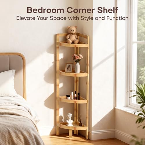 2026 New Bamboo Standing Shelf, 4 Tier Corner Shelf Stand, Free-Standing Shelf Units, Triangular Curved Corner Shelf Stand for Space-Saving Display Ideal for Bathroom/Kitchen/Living Room Storage - size: 4-Tier