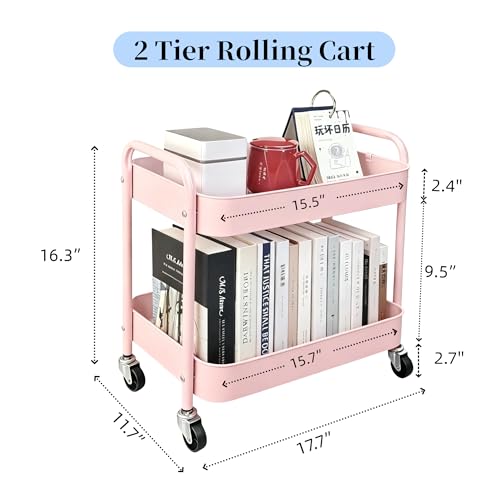 2 Tier Pink Rolling Cart with Wheels for Under Desk Storage, Large Capacity Rolling Pantry & Kitchen Storage Cart for Small Space, Sturdy Metal Bathroom Shelf Laundry Room Organization - color: Pink