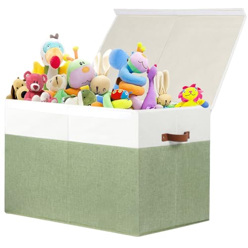 Gowee Large Toy Storage Box with Lid, Sturdy Toys Storage Chest Bin Organizer Basket with Dividers for Kids, Boys, Girls, Nursery, Closet, Bedroom, Playroom 26"x17" x17" (Green and White) - color: Green and White, size: 26"x17" x17"