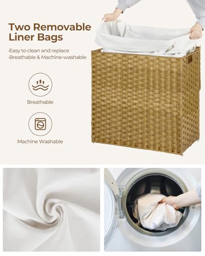 Greenstell Laundry Hamper with Lid, 125L Laundry Basket with 2 Removable Liner Bags & 2 Mesh Bags, Handwoven Synthetic Rattan Clothes Hamper for Clothes, Toys in Bathroom, Bedroom, Foldable, Natural - color: Natural, size: 125L (25.6 x 13.0 x 23.6 inches)