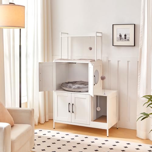 HOOBRO Litter Box Enclosure, Litter Box Furniture with Storage, 2-in-1 Hidden Cat Furniture with Shelf, 2 Dangling Plush Balls and 1 Toy Ball, Large Wooden Cat Washroom, White WT78MW01 - color: White