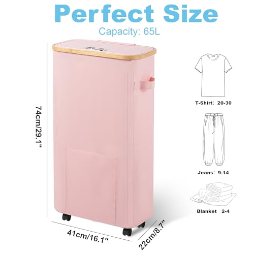 Vincona Laundry Basket with Wheels, Tall Dirty Clothes Hamper on Wheels, Rolling Laundry Hamper with lid for Dorm, Bedroom and Bathroom - color: Pink, size: 65L