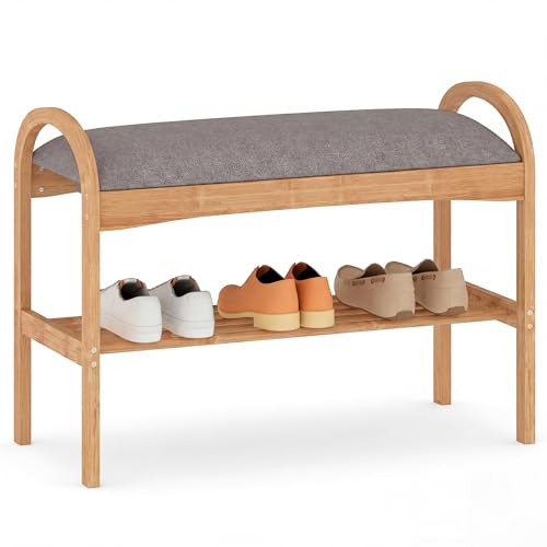 Giantex Shoe Rack Bench, Bamboo 2-Tier Entryway Bench with Padded Cushion, Shoe Storage Bench for Hallway, Closet, Foyer, Living Room, Bedroom, Mudroom - size: 12.5"D x 27.5"W x 20"H（Without Flip-Top Storage）