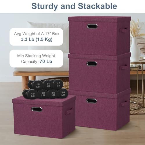Graciadeco Large 17" 36 Quart Collapsible Stackable Storage Bins with Lids, 3 Packs Purple Linen Fabric Closet Boxes with Lids, Storage Cube Baskets Container Organizers for Bedroom Office (17x12x11) - color: Purple, size: Large -3 Pack