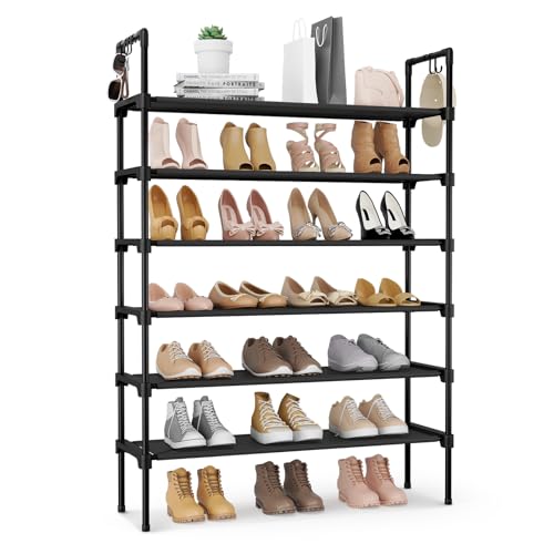LANTEFUL 6 Tier Shoe Rack for Closet Shoe Organizer with 5 Hooks, Long Shoe Shelf Storage for Shoe and Boot Stackable Free Standing Shoe Rack for Entryway, Garage, Small Spaces, Dorm, Black - color: Black, size: 27.8"W - 6 Tier