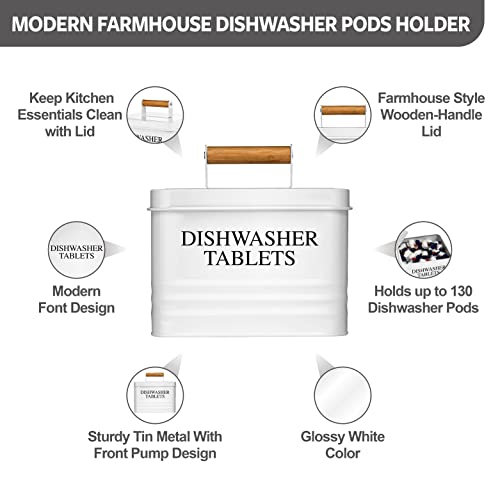Calindiana Modern Farmhouse Metal Dishwasher Pods Container Holder with Lid for Kitchen Organization and Storage, Kitchen Essentials Decor Accessories, White - color: White