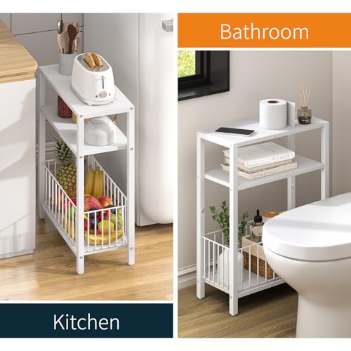 Yoobure Narrow Side Table with Storage Basket, Small End Table for Small Spaces, Skinny Side Tables Living Room Bedroom Office, Slim Nightstand 3 Tier Bedside Table Space-Saving for Magazine, White - color: White