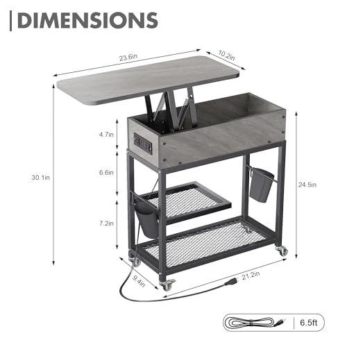 Colima Lift Top End Table with Charging Station and Wheels, Sofa Side Table with USB Port & AC Outlets, Movable Bedside Nightstand with Side Bag for Office Living Room Bedroom(Gray) - color: Grey