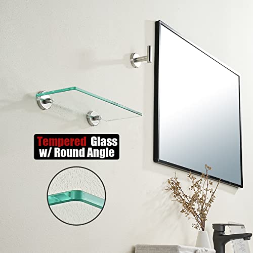 JQK Bathroom Glass Shelf, Tempered Glass Shower Storage 12 by 5 inches, 304 Stainless Steel Brushed Finish Wall Mount, TGS101L12-BN - color: Brushed, size: 12 Inch (1 Pack)