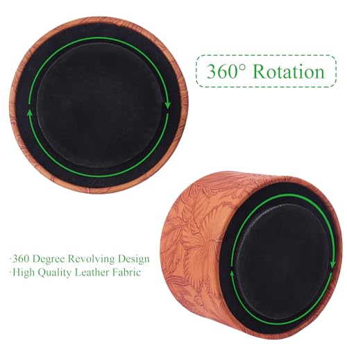 Hennaja Round Leather Art Supply Organizer,Remote Control Holder,360 Degree Spinning,Multi-Functional Pencil Holder,4 Compartments Desktop Stationary Organizer(1-Carved Brown) - color: 1-Carved Brown