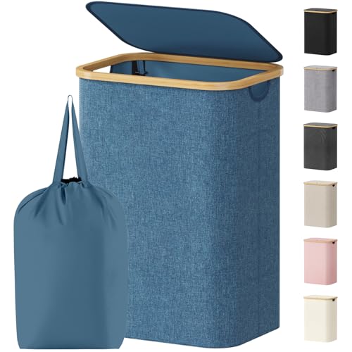 Lifewit 80L Laundry Basket with Lid, Clothes Hampers for Laundry with Bamboo Handles and 1 Removable Bag, Large Foldable Laundry Hamper for Bedroom, Bathroom, Dorm, Laundry Room, Dark Blue - color: Dark Blue, size: 80L