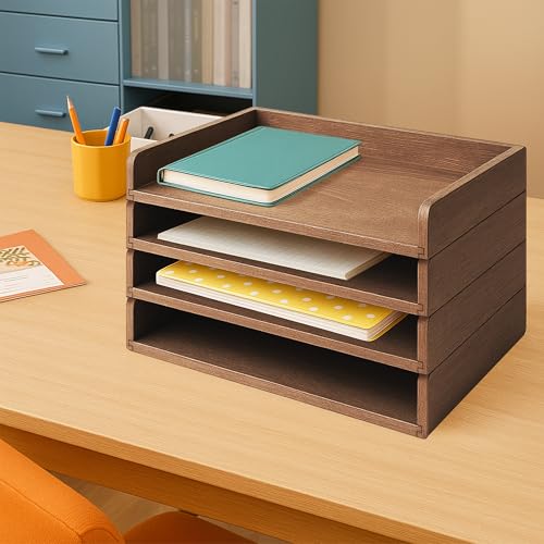 PROLEE Wooden Paper Tray Organizer for Desk,Stackable Paper Holder and Letter Tray,4-Tier Desktop File Storage Rack for Study,Home and Office(Walnut,14" x 9.5" x 2.5") - color: Walnut