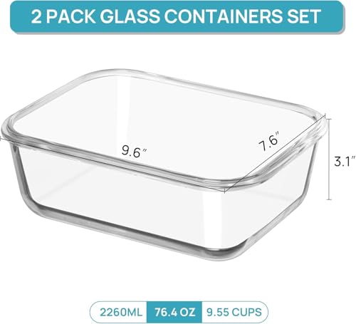 Vtopmart 2Pack 2260ml/ 76.4oz Large Glass Containers Food Storage with Lids, Meal Prep Food Container Set with Snap Airtight Lid for Baking, Microwave, Oven, Leak Proof, for Freezer, Dishwasher, Green - color: Green, size: 76.4oz