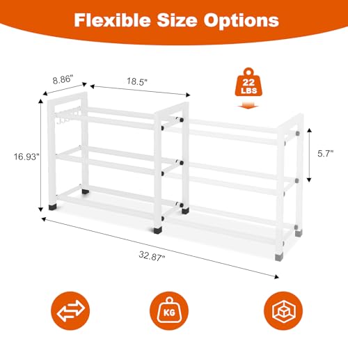 Expandable Shoe Rack for Closet Adjustable Metal Shoe Rack for Entryway 18.5"-33" Free Standing Shoe Organizer 12 Pairs with Hooks 3-Tier Small Shoe Shelf for Bedroom Garage Dorm Floor, White - color: White