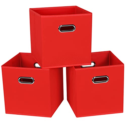 STOREONE Fabric Storage Bins Cubes Baskets Containers-(11X11X11) with Dual Handles for Shelf Closet, Nursery Home ， Bedroom Organizers, Foldable Set of 3 (Red) - color: Red, size: 3 pack
