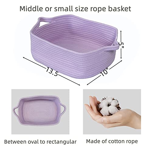 XUANGUO Woven Cotton Rope Storage Basket with Handles for Organizing Shelves Closet Small Cat Dog Pet Toy Baskets Box Bin Decorative Rectangle Baby Nursery basket Gift basket Empty(light purple) - color: light purple