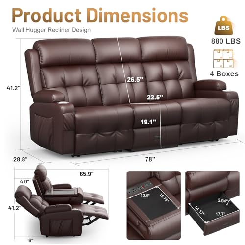 3-Seater Reclining Sofa Couch, RV Wall Hugger Loveseat with Flip-Down Console, LED Lights, Built-in Power Strip, Massage, Cup Holders & Storage Drawer, 150° Home Theater Seating for RV & Living Room - color: Brown, size: 3-Seater with Flip Back