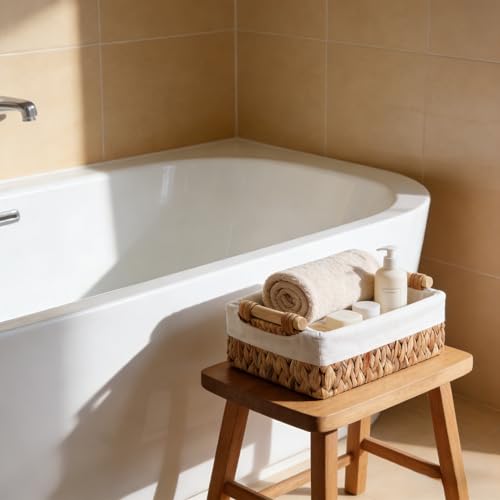 Set of 2 Water Hyacinth Bathroom Basket Organizers with Liner, Wicker Storage Baskets for Shelves, Bathroom Counter & Vanity, Wooden Handles for Towels & Toiletries - color: Water Hyacinth