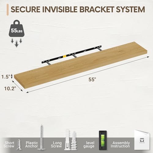 Vivelove 10" Deep Floating Shelves with Invisible Brackets, 55" Wall Shelves for Bathroom Bedroom Kitchen Living Room Laundry Room, Modern Rustic Shelves for Home Decor, 55"x10.2"x1.5", Set of 2, Oak - color: Oak, size: 55”Wx10.2”Dx1.5”H