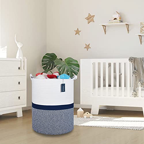 COMSE Extra Large Blanket Basket, Tall Woven Storage Basket, Nursery Hamper, 15.7”x 21.7”, Cotton Rope Laundry Hamper for Toys Clothes Towels, Blend White/Navy Blue - color: Blend White & Navy Blue